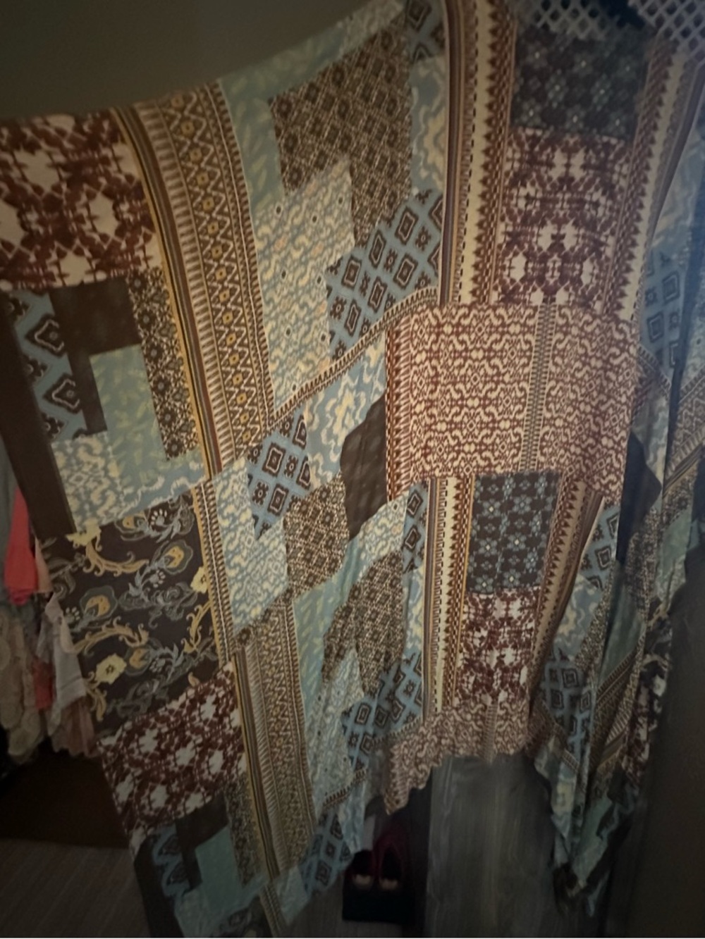 Boho Patchwork Kimono/Duster in Brown and Blue patchwork print - Picture 3 of 6